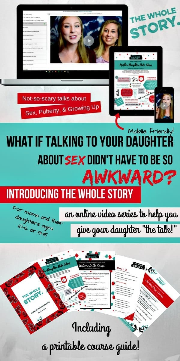 Here's an easier way to talk to your daughter about sex, puberty and her body - a great new video course by Sheila Wray Gregoire and her daughters helps mom talk to their daughters more easily about important but difficult topics. The VIP version that includes both courses (ages 10-12 and 13-15) plus bonuses is on sale for $69 until midnight, 9/17/17. You can also purchase each course separately.